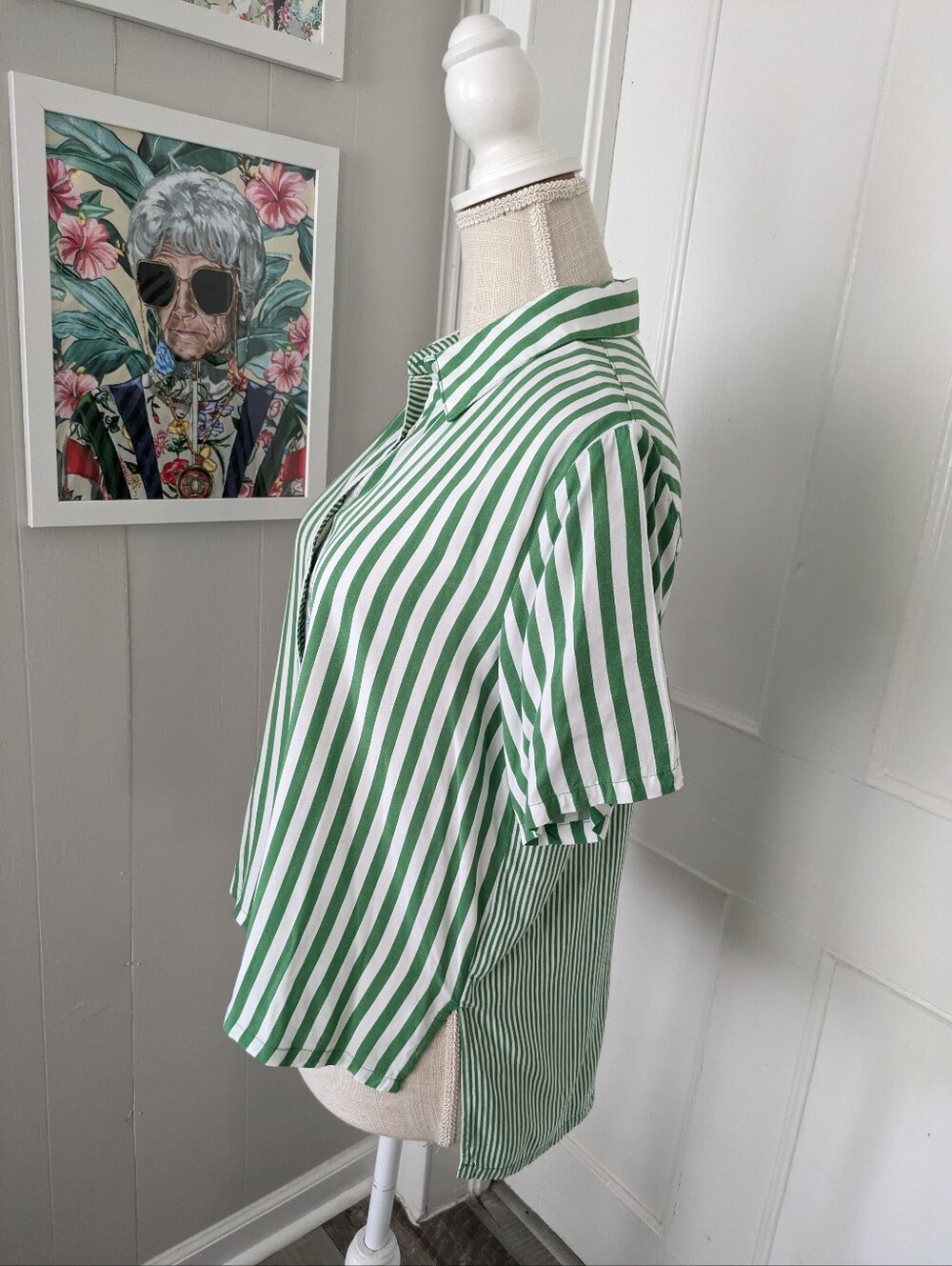Jane Delancey Green White Striped Button Up Shirt Oversized Small Boxy Relaxed - Picture 3 of 7